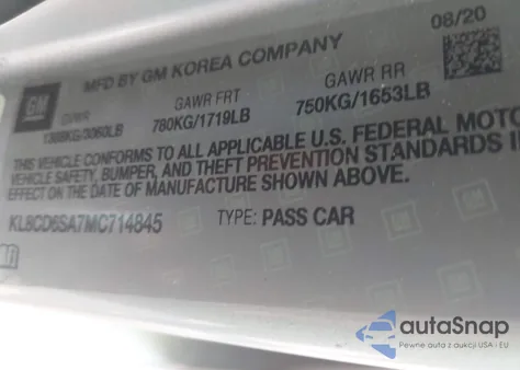 2021 Chevrolet Spark Fwd 1Lt Automatic из США, поврежденный, VIN KL8CD6SA7MC714845